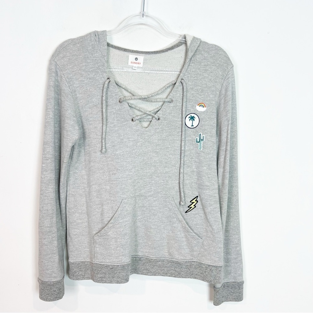 SUNDRY GRAY HOODIE SWEATSHIRT WITH PATCHES WOMENS SZ 0/XS